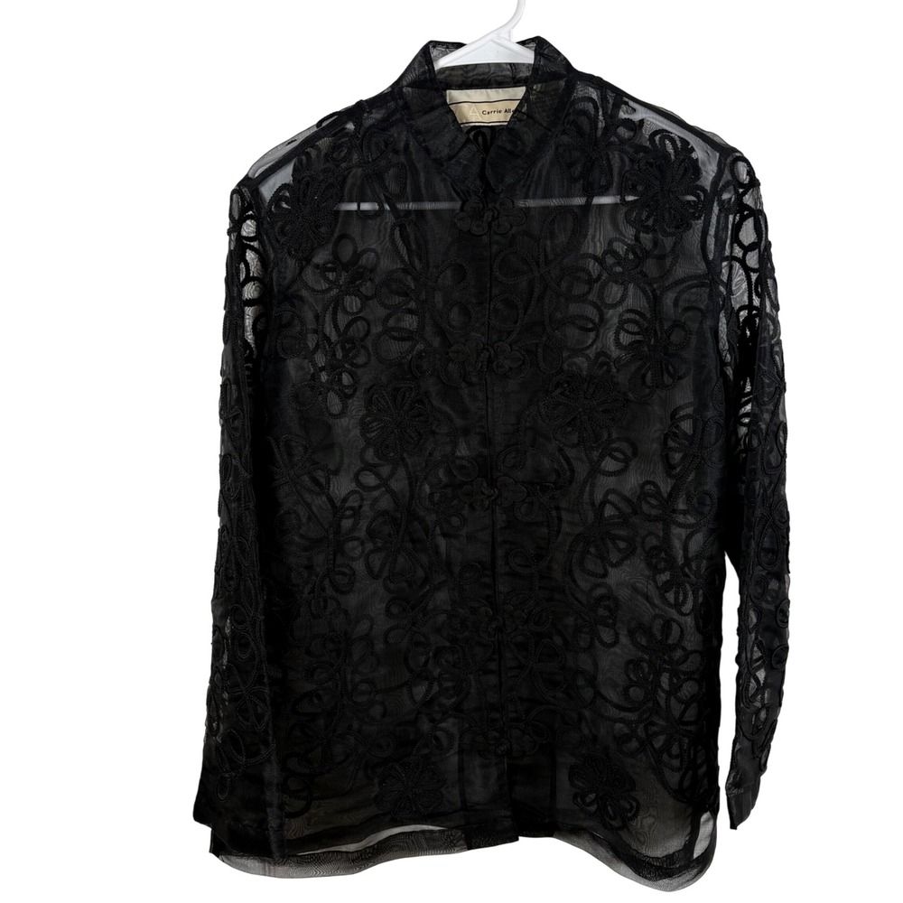 Black Sheer Embroidered Blouse Womens M Mesh Cocktail Goth Victorian Whimsigoth